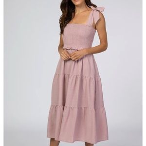 Pinkblush Maternity Mauve Pink Bow Strap Tiered Midi Dress